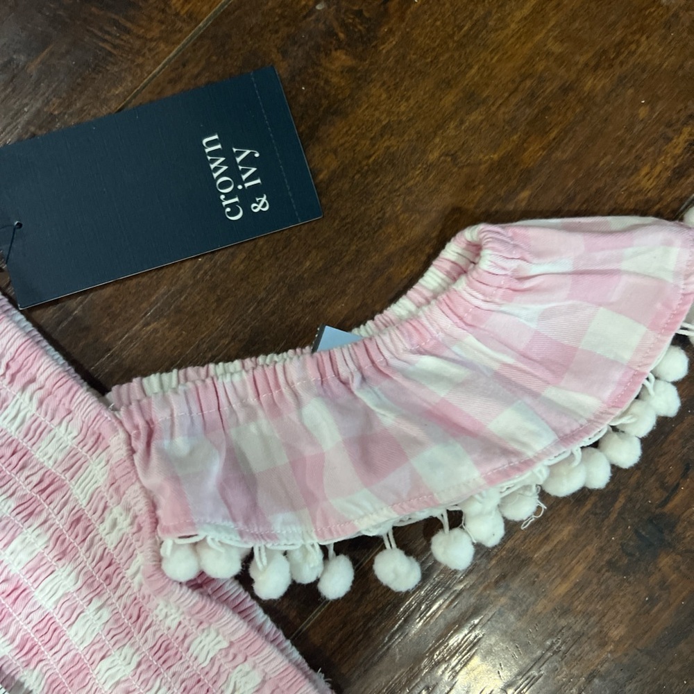 Smocked Pink Gingham Sundress with Pom-Trim Straps - Picture 3 of 5